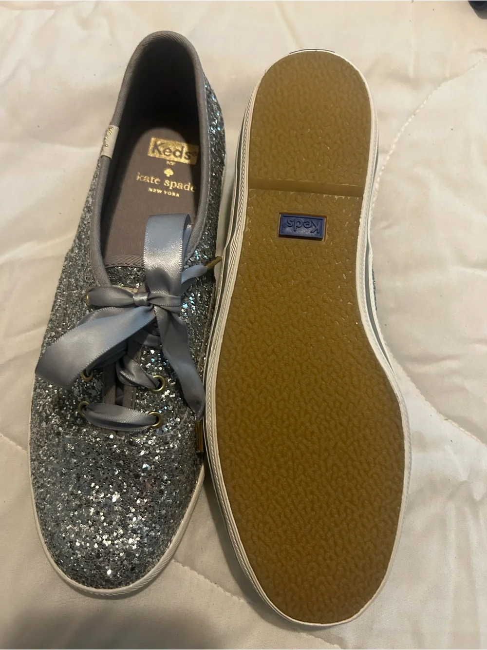 kate spade Silver Glitter Ribbon Lace-Up Sneakers